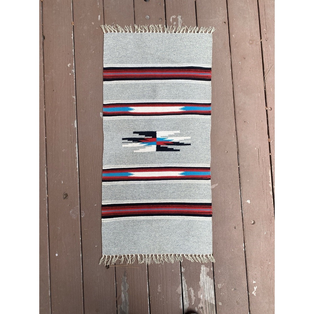 Vintage Chimayo Blanket Rug, Gray Teal Red Tribal 30s 40s 39x19"